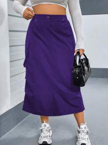 Flirla Plus Size Women Solid Color Pleated Straight Loose Casual Long Cargo Skirt Maxi Women Outfit