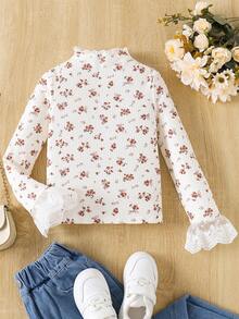 SHEIN 年轻女孩法式花卉图案针织网眼喇叭袖立领罗纹 T 恤上衣，柔软舒适，非常适合春夏秋冬休闲日常穿着和学校日常穿着，甜美女孩，Y2K 女孩 - 彩色 - 查看 6