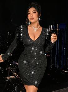 Allurite Plus Size Women's V-Neck Long Sleeve Sequin Embellished Fitted Evening Dress Fall Cloth For Women - Black - View 7