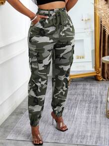High Waist Camouflage Cargo Pants For Women, American Vintage Loose Fit Drawstring Waist Pockets Casual Trousers, Spring/Autumn Elegant - Army Green - View 6