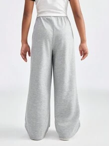 SHEIN Pantalón de chándal informal con cintura con cordón y pierna ancha de color gris para niña preadolescente