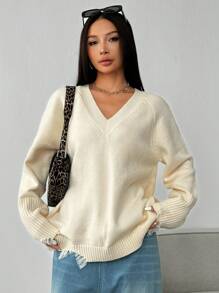 SHEIN Unity Suéter casual de unicolor con mangas raglán desgastado, para otoño/invierno, jersey de punto de otoño - Albaricoque - Ver 6