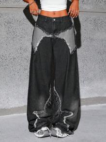 SHEIN Tall 5-Point Star Pocket Front Button Casual Frayed Hem Wide Leg Jeans - Black - View 3