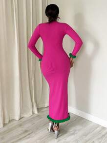Slaydiva Nuevo vestido largo casual y elegante de mujer con cuello en V, mangas largas, puños y bajo en contraste verde, bajo ancho acanalado y silueta ajustada en color rojo rosa.