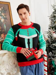SHEIN Red Long Sleeve Christmas Sweater For Men, Icelandic Pattern, Autumn & Winter - Black - View 3