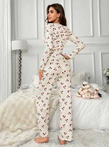 CottageSlumber Cherry Print Ruffle Collar Long Sleeve Pajama Set Cozy And Elegant Details, Fall Winter Clothes - Apricot - View 2
