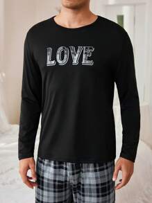 Letter Grid Print Long Sleeve Top & Pants Pajama Set For Men, Fall Winter Clothes - Black - View 5