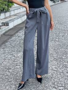 Chiquease 女士高腰条纹系腰休闲时尚阔腿裤 - 灰色 - 查看 5