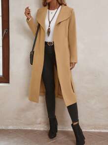 EMERY ROSE Abrigo largo minimalista de color liso y manga larga para mujer, uso casual diario - Caqui - Ver 5