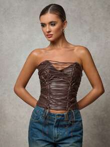 SHEIN BAE 1 件女士棕色 PU 皮革露背无袖上衣，交叉款式，适合万圣节、秋季 - 棕色 - 查看 3