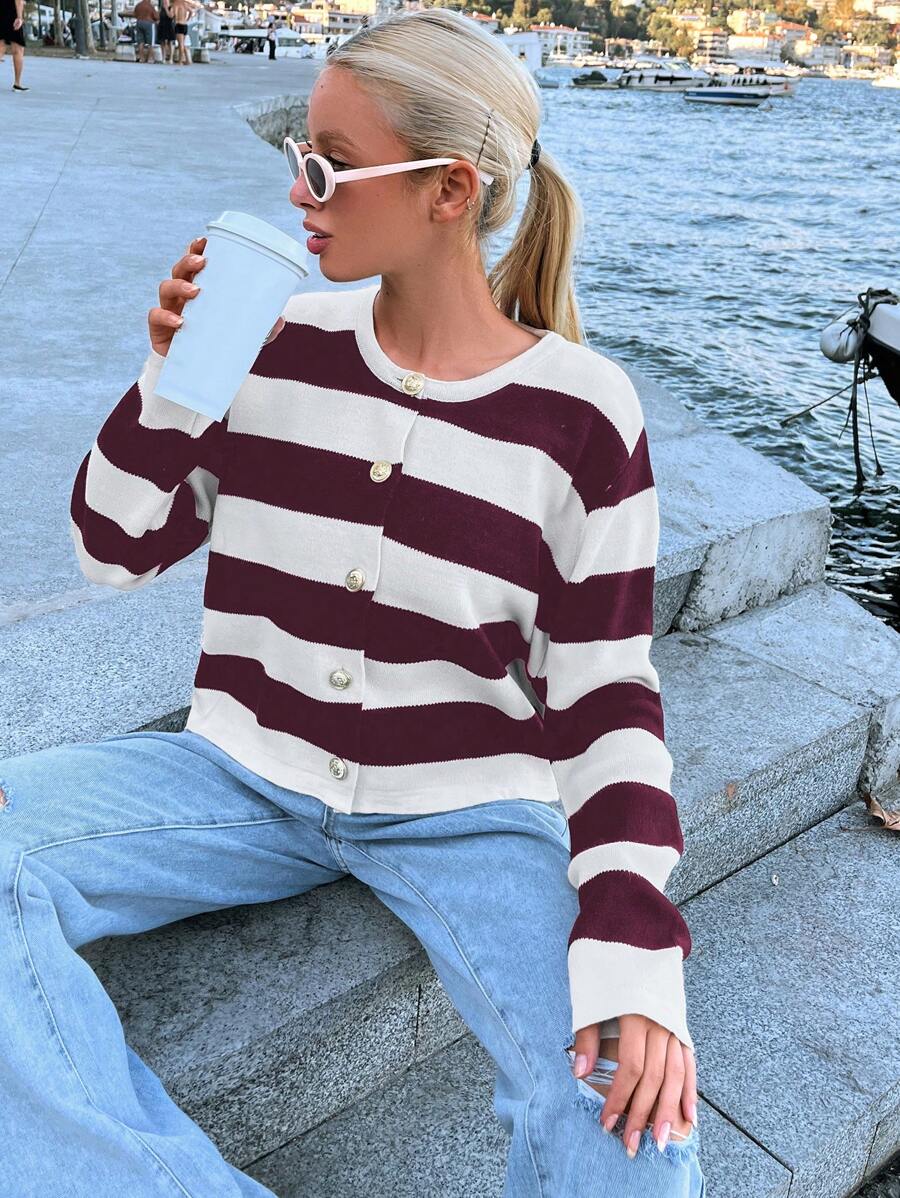 EURMUSE Áo len cardigan sọc màu đơn giản cho nữ, mùa thu - Màu Đỏ Sâu - Xem 1