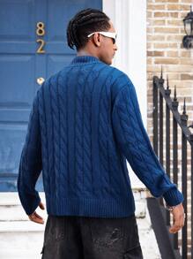 Manfinity Dauomo Áo len nam có khóa kéo màu trơn, thích hợp cho mùa thu đông - Màu xanh hải quân - Xem 2