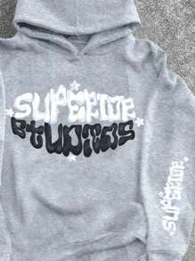 SHEIN 字母印花连帽运动衫，休闲青少年男孩简约长袖厚连帽套头衫，适合秋季