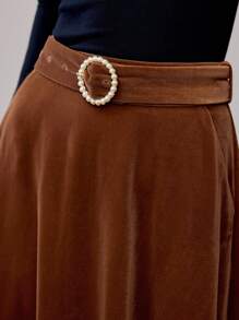 MOTF PREMIUM VELVET FAUX PEARL BUCKLE BELTED FLARE SKIRT