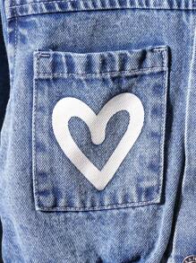 SHEIN Explorewe 2pcs Young Girls Heart Print Vintage Washed Denim Set, Fashionable & Versatile, Soft & Comfortable Denim Material - Medium Wash - View 7
