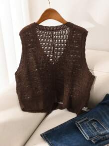 SHEIN Essnce Áo vest dệt kim cổ chữ V họa tiết hoa rộng rãi, cỡ lớn cho nữ, mùa thu/đông - Cà phê nâu - Xem 2