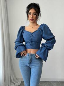 Chiquease Women Ruched Drawstring Puff Sleeve Cropped Fashion Blouse - Medium Wash - View 7