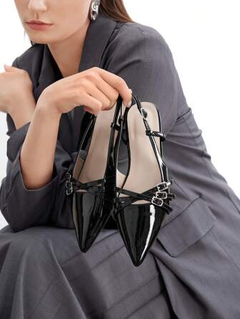 CUCCOO BIZCHIC Women's Fashion Black Patent Leather Criss-Cross Strap Pointed Toe Flat Slingback Shoes, Suitable For Work, Date, Casual Outing Spring Shoes Spring Break Easter For Christmas