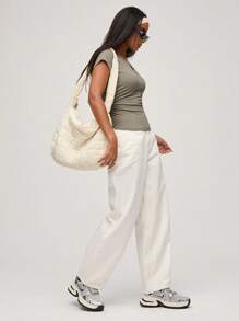 SHEIN BASICS Casual Solid Color Knit Round Neck Short Sleeve Fitted With Side Pleats Women T-Shirt