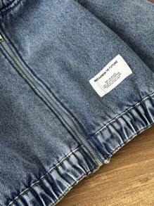 SHEIN 男婴街头凉爽保暖石洗补丁连帽长袖宽松蓝色牛仔保暖衬里泰迪夹克，适合男婴秋冬装