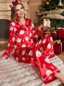 圣诞图案翻领纽扣前开襟上衣和裤子睡衣套装，女装，适合秋冬季节