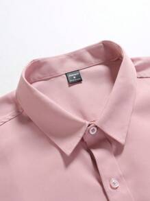 Manfinity Mode Casual Long Sleeve Button-Front Collared Shirt With Pockets, Solid Color (Not Positioned), Mens Pink Dress Shirt