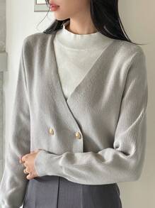 DAZY Áo len cài nút trang trí hàng ngày 2 trong 1 màu sắc đơn giản cho nữ, mùa thu/đông - Màu Xám nhạt - Xem 8