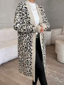 SHEIN Privé Women Leopard Print Long Sleeve Sweater Cardigan - Multicolor - View 4