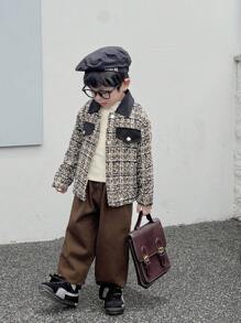 SHEIN 1pc Young Boy Lapel Pocket Plaid Long Sleeve Jacket, Comfortable And Breathable, Suitable For Outdoor Play, Travel, School, Autumn/Winter - Black - View 1