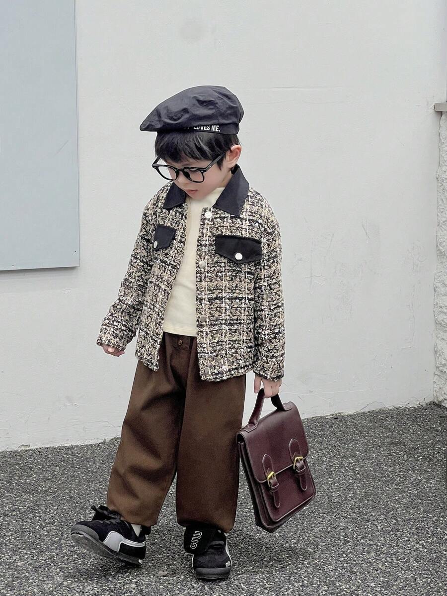 SHEIN 1pc Young Boy Lapel Pocket Plaid Long Sleeve Jacket, Comfortable And Breathable, Suitable For Outdoor Play, Travel, School, Autumn/Winter - Black - View 1