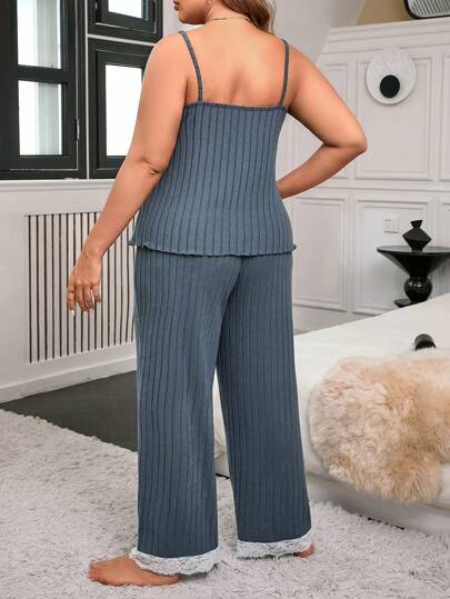 Lace Patchwork Ribbed Plus Size Camisole Pajama Set