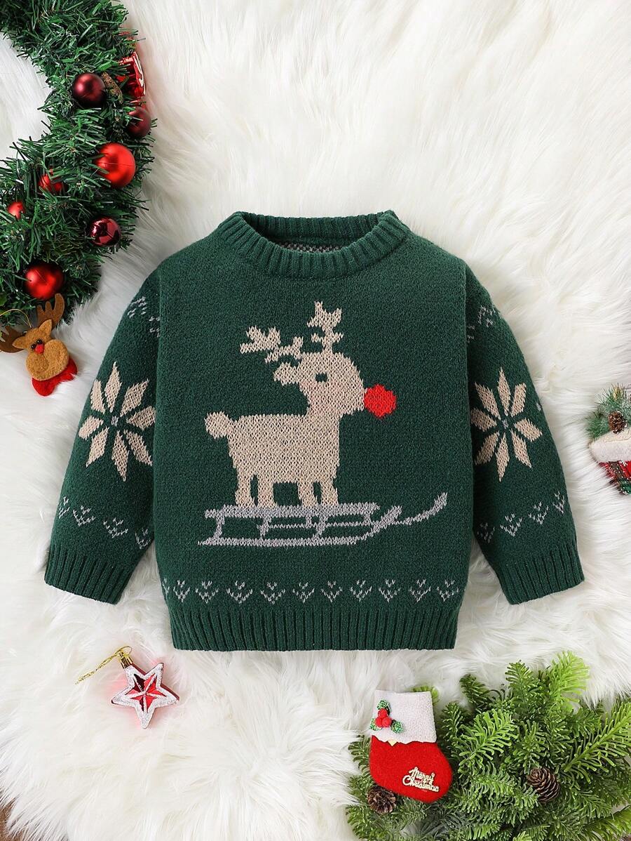 SHEIN Vintaside Kids Baby Boys' Christmas Deer Pattern Pullover Sweater, Fall/Winter