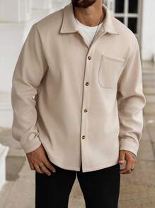 Manfinity Homme Áo sơ mi nam tay dài cài nút màu trơn cỡ lớn có túi phía trước - Màu be - Xem 4