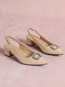 CUCCOO CURVES Wide Fit Women's Rhinestone Decor Pointy Toe Chunky Heel Backstrap Open Toe Party Elegant High Heels, Spring/Autumn For Christmas And New Year Holiday Vibe Fall And Winter Valentines