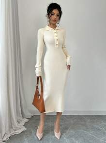 Chiquease Women's Solid Color Front Button Long Sleeve Minimalist Long Casual Sweater Dress Fall Cloth For Women - Apricot - View 6