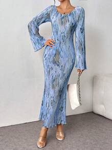 Calvaya Vestido de tul con estampado de teñido anudado, dobladillo de cola de pez ajustada, tela de satén fruncida, color albaricoque, atuendo maxi para mujer