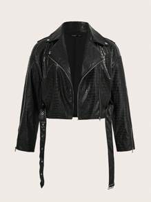 SHEIN BAE Plus Size Black Stone Faux Leather Pu Moto Jacket - Black - View 10