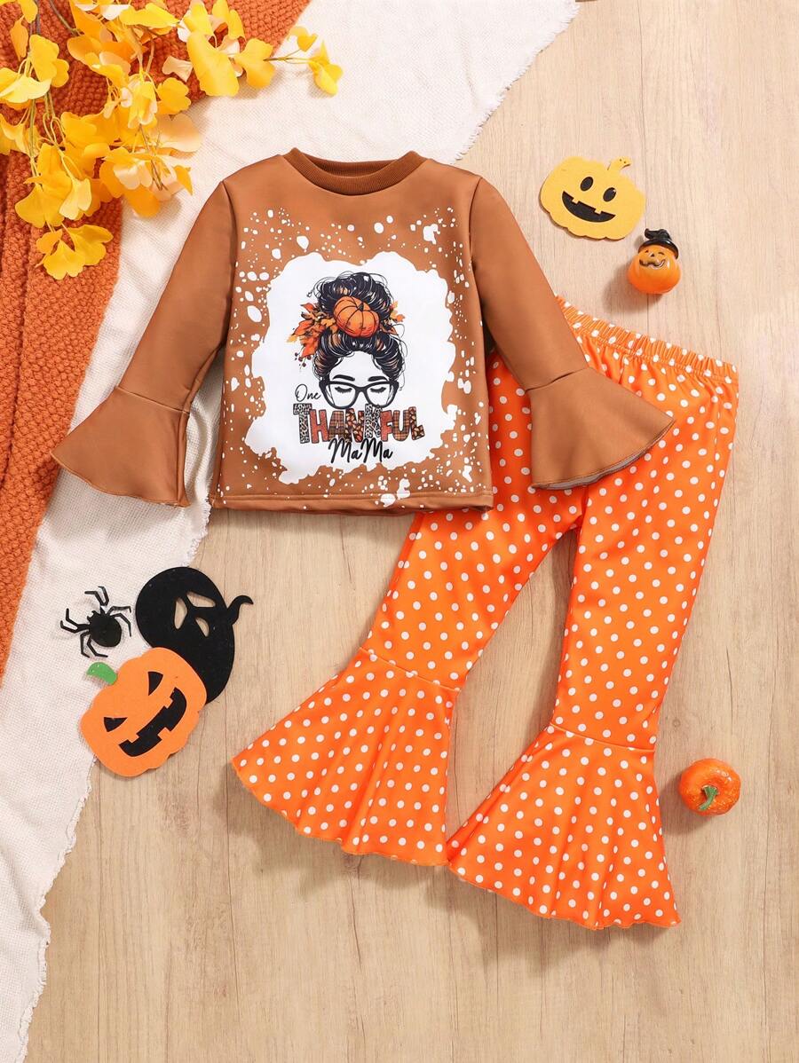 2pcs/Set Young Girls Creative Portrait & Letter Print Flare Sleeve Sweatshirt And Flare Pants Set, Spring Autumn - Brown - View 1