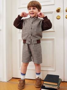 PrepCrw 年轻男孩学院风棕色格子单排扣无领长袖夹克，返校季，秋冬季 - 棕色 - 查看 6