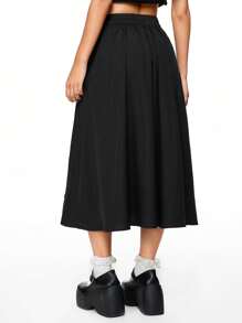 ROMWE Versatile Solid Color Drawstring Waist With Big Pockets A-Line Midi Skirt