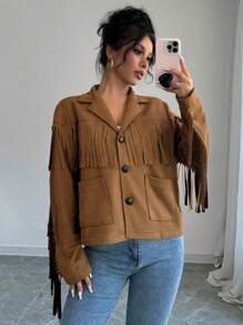 SHEIN Unity Casual Solid Color Fringe Decoration Dual Pocket Jacket For Autumn - Brown - View 3