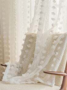 1 panneau de rideau transparent avec pompon blanc moelleux, de style campagne française pour chambre à coucher, salon, balcon. Doublure pour fenêtre avec passant pour tringle