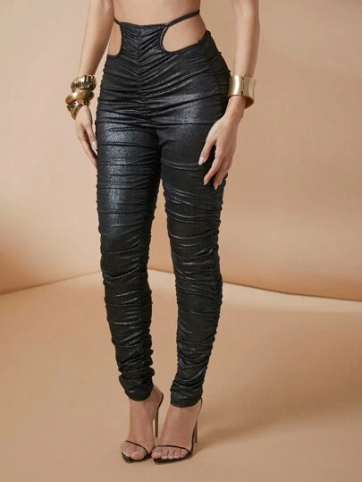 Lumalex Fall Winter Thanksgiving New Years Thanksgiving Rave Festival Formal Prom New Years Eve Tie-Up Low-Waist Skinny Pleated Shiny Leggings For Holiday Glossy Banquet Dinner Elegant Gorgeous