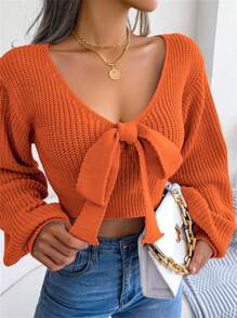 Women Y2K Bow Tie V Neck Bodycon Cropped Pullover Sweater Long Sleeve Fall Winter Solid Halloween Knit Top - trái cam - Xem 4