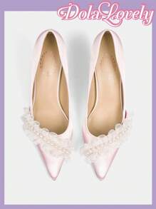 Dola Lovely Women High Heel Pumps Lolita Style Solid Pink Bow Floral Point Toe Slingback Dress Sandal Shoes - Pink - View 7