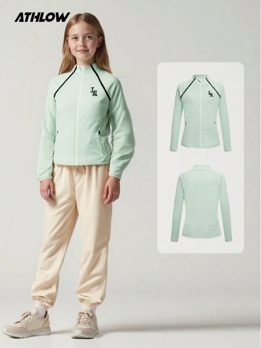 SHEIN Tween Girls Fitted Green Striped Logo Casual Sports Outdoor Street Jacket, Long Sleeve, Breathable