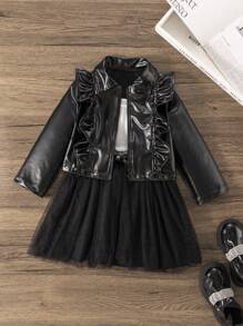 SHEIN Young Girl Solid Color Zipper Ruffle Trim Long Sleeve Jacket And Contrast Color Camisole Dress 2pcs/Set