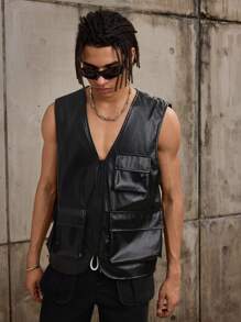 Forever 21 男士仿皮背心（秋冬款） - 黑色 - 查看 5