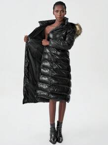 Chiquease Chaqueta larga con capucha y cremallera frontal de unicolor y textura esponjosa para mujer, ropa de abrigo informal para el invierno - Negro - Ver 6