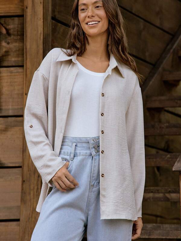 LanaWest Women's Elegant Fashionable Commuter Long Sleeve Turndown Collar Open-Front Drawstring Waist Loose Shirt, Solid Color